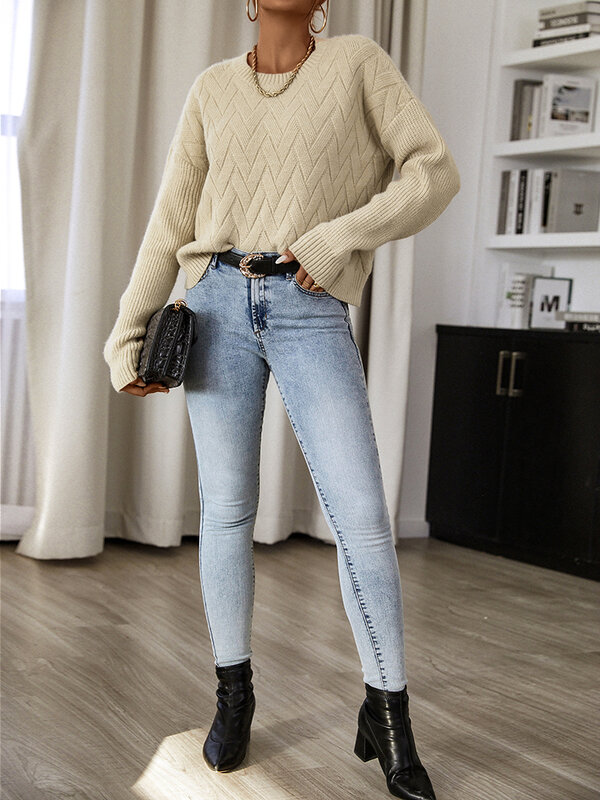 NOOSGOP Beige Long Sleeves O Neck H Shape Slim Cut Classic Argyle Knit Stitching Autumn Winter 2022 Women Pullover Sweater