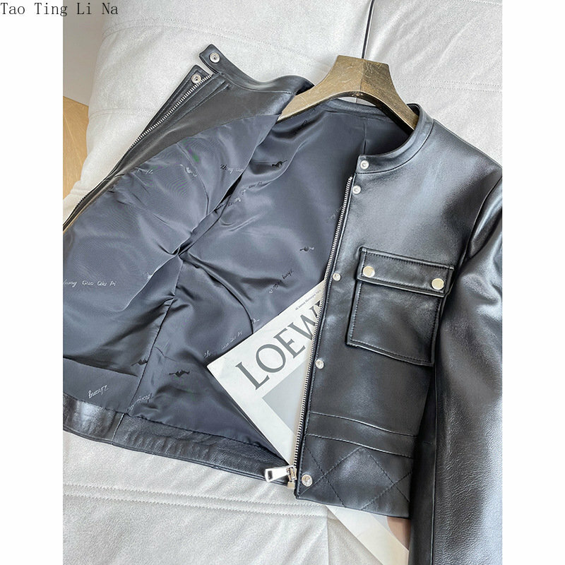 2023 여성용 슬림 방풍 정품 양 가죽 재킷, W2 패션