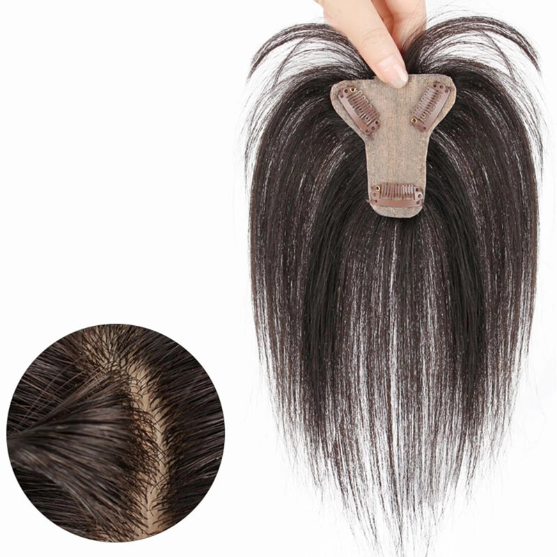 Toppers de cabello humano para mujer, Clip fino en Corona con flequillo de aire 3D, postizos para pérdida de cabello suave, cubierta de volumen de cabello gris