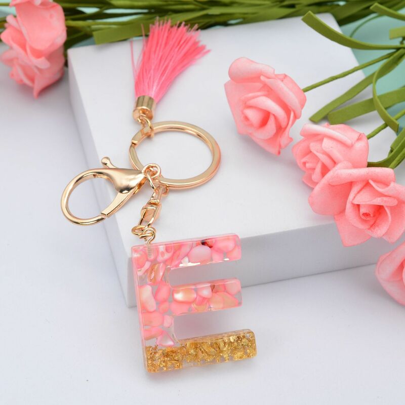 Creative 26 Letter Resin Keychain Pendant With Pink Tassel Keyring Charms Men Women Bag Ornaments Accessories Souvenir Gifts