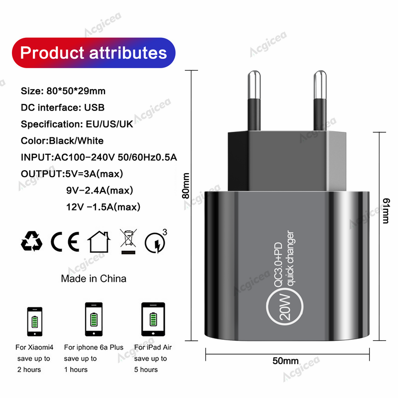 Caricabatterie USB 2 PD caricabatterie USB Dual Type C per iPhone 13 Pro Quick Charge 3.0 per adattatore per cellulare Xiaomi Redmi Huawei Samsung