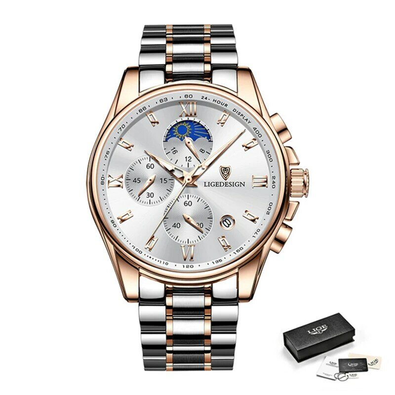 Lige relógios de aço inoxidável para homens data moda luminosa dial com cronógrafo relógio masculino casual relógios de pulso
