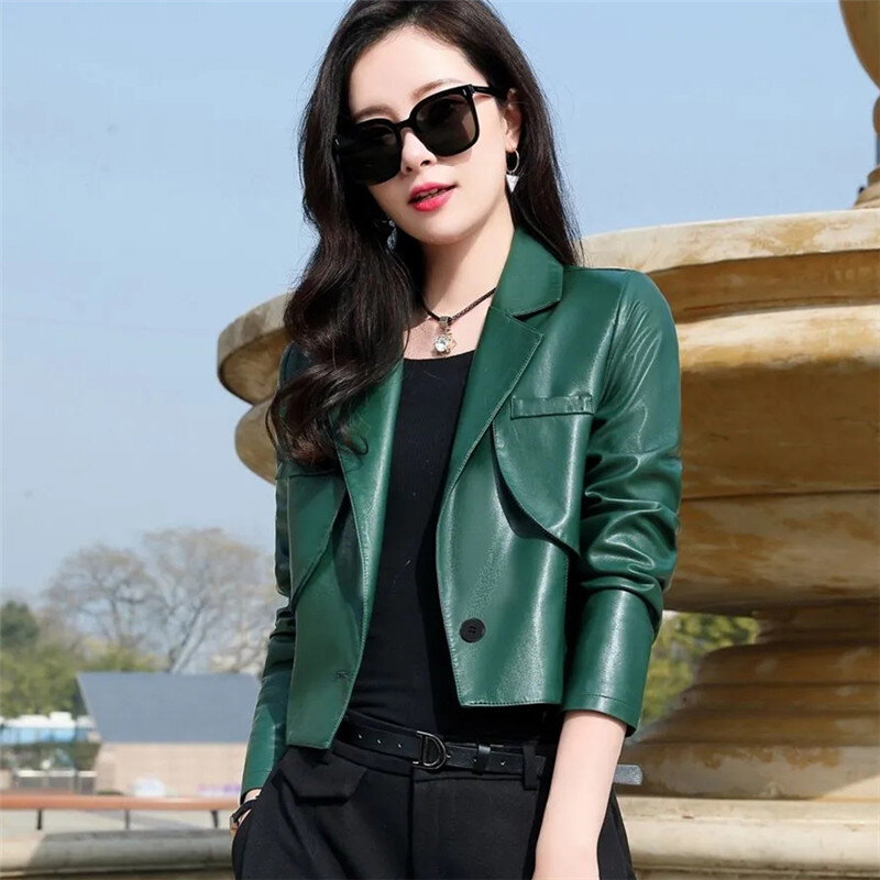 Washed Women Fashion PU Leather Jacket Womens Korean 2022 Spring Autumn Turndown-Collar Short Locomotive Leather Coat Outerwear