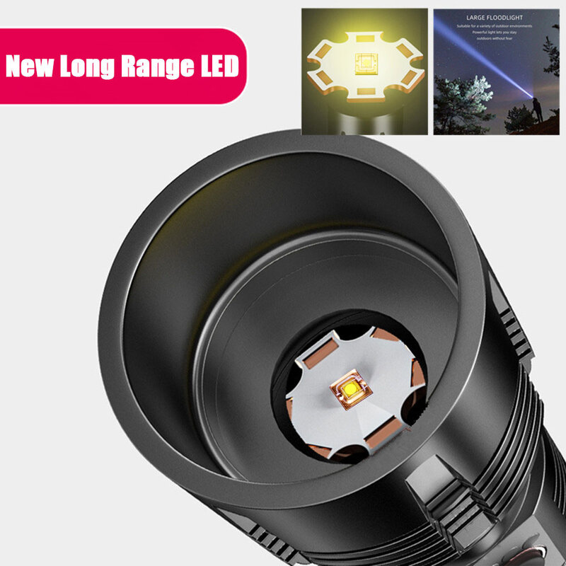Powerful LED Flashlight Super Bright Spotlight Long Range Zoomable Emergency Torch USB Rechargeable with Output 5V1A Lantern