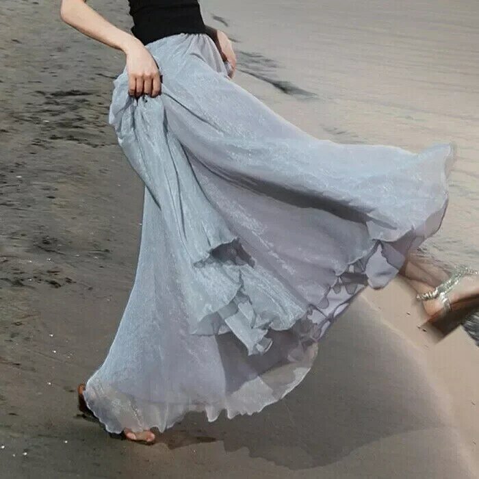 Vestido largo bohemio de gasa de doble capa para mujer, Vestido largo de verano, falda lisa de chifón para playa, novedad de 2022