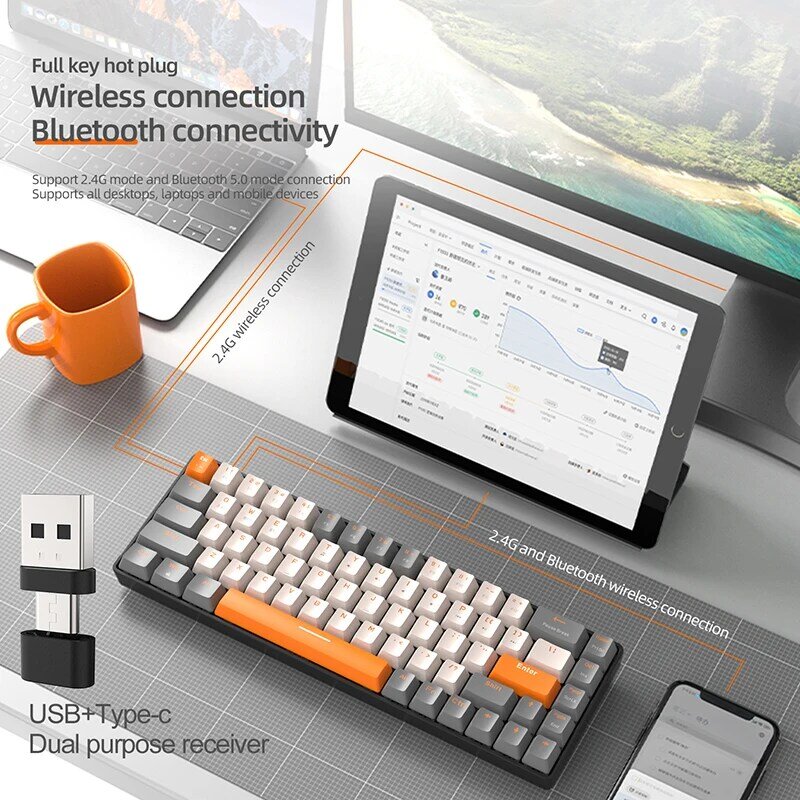 Игровая механическая клавиатура K68, Беспроводная Bluetooth клавиатура 2,4 ГГц, игровая клавиатура с клавишами