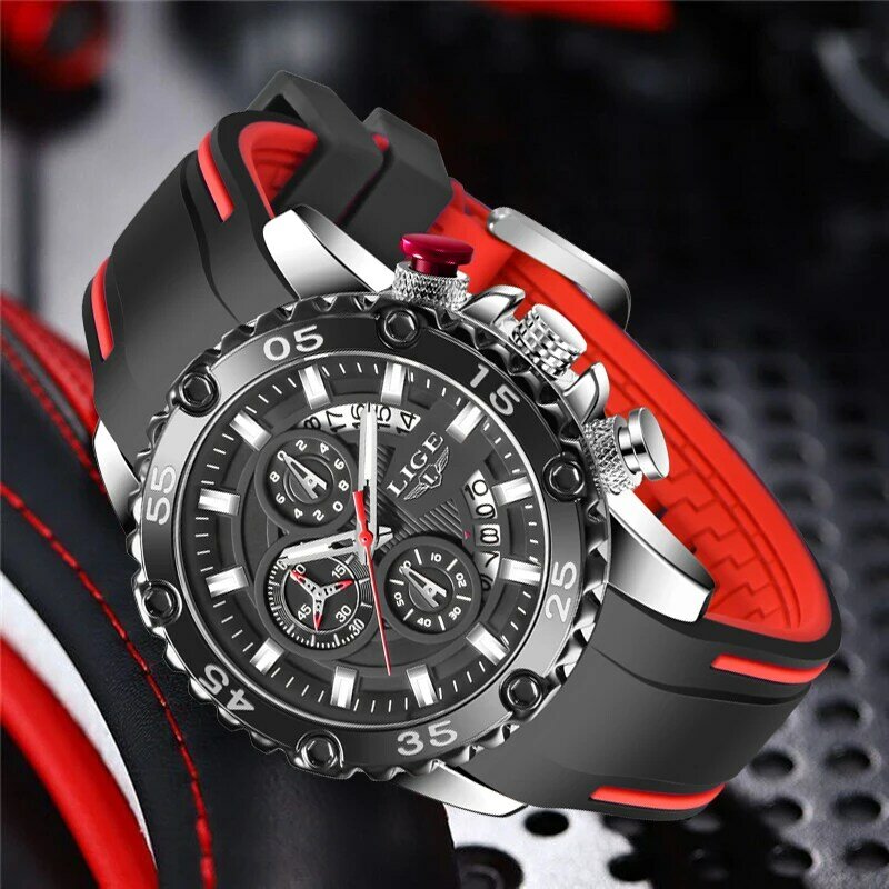 LIGE-남성 패션 방수 스포츠 쿼츠 크로노 그래프 손목 시계, 럭셔리 실리콘 시계, 빛나는 시계