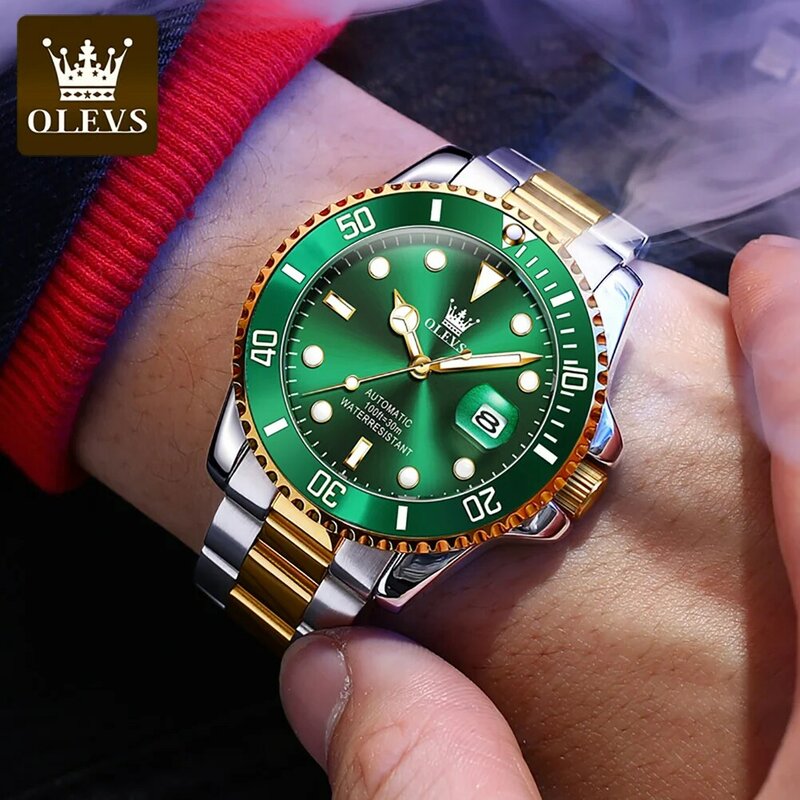 OLEVS 남성용 자동 기계식 스테인레스 스틸 스트랩 시계 잠수함 완전 자동 방수 비즈니스 남성 손목 시계