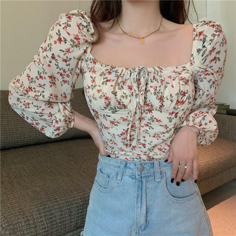 Women Spring Top Flower Print Square Neck Low-cut Long Sleeves Drawstring Dress-up Pullover Bubble Sleeves Lady Summer T-shirt W