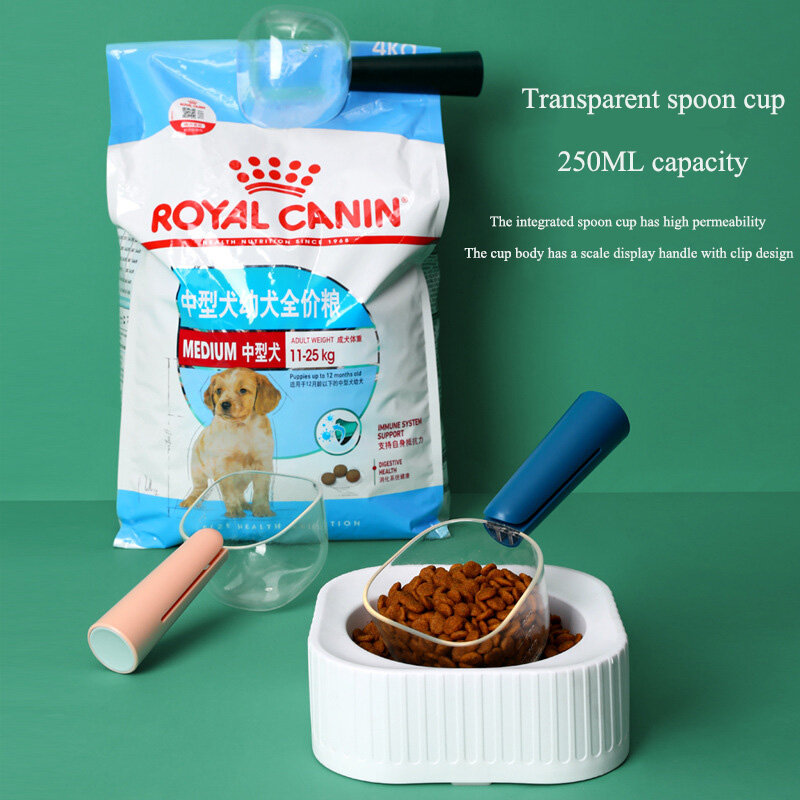 New Dog Cat Oval Food Universal Spoon Transparent Side Scale Bag Clip Shovel Pet Supplies ABS Handle with Clip 250ML Capacity