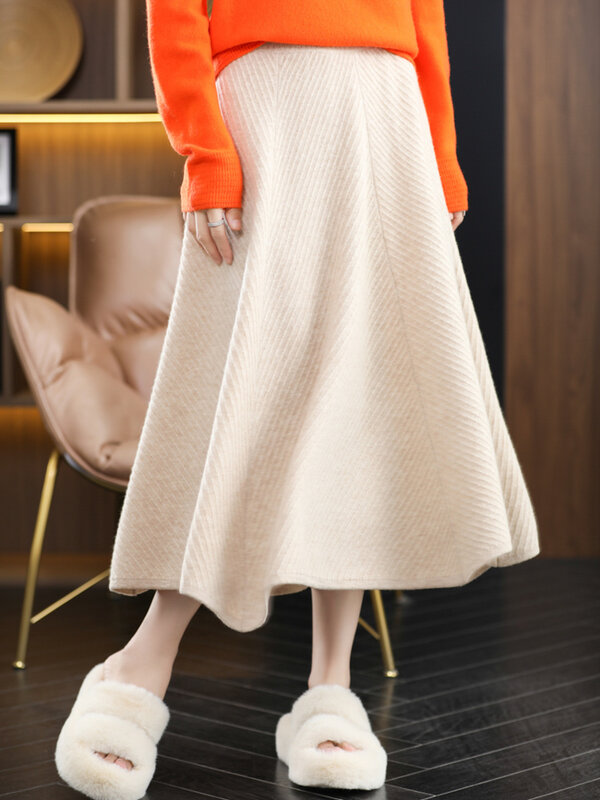 100% falda de lana pura para mujer, otoño e invierno, nueva falda de longitud media de cintura alta en forma de A, Falda de punto de lana coreana con paraguas