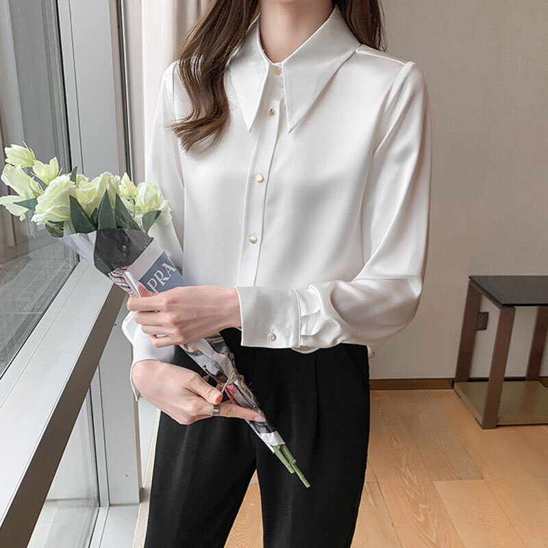 Fashion Button Up Chiffon Shirt Vintage Polo Neck OL Blouse Women White Office Lady Long Sleeves Female Solid Tops Female Shirts