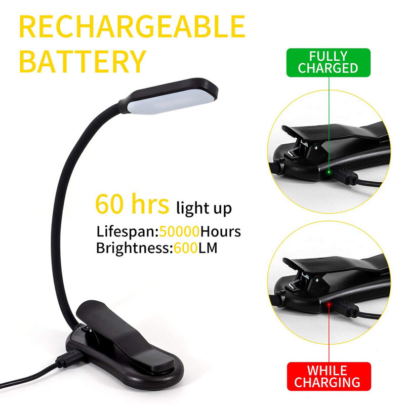 Rechargeable Book Light Mini 7 LED Reading Light 3-Level Warm Cool White Flexible Easy Clip Lamp Read Night Reading Lamp in Bed