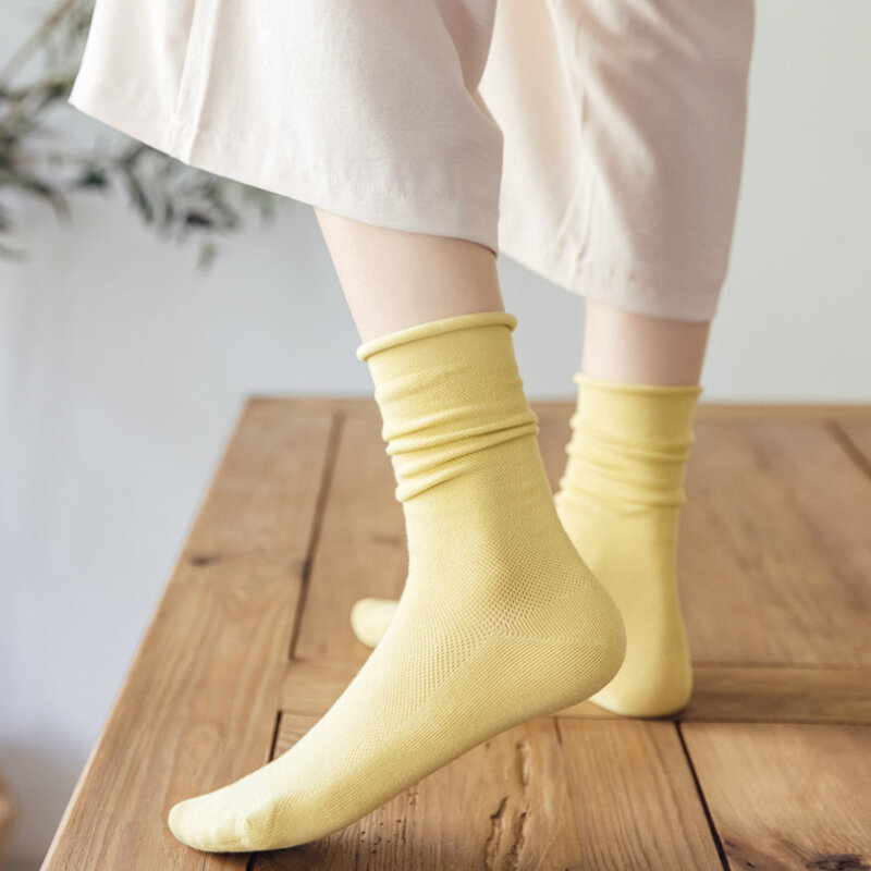 Chaussettes empilées japonaises pour femmes, jolies chaussettes d'été, résistantes aux odeurs, couleur unie, chaussettes bouclées Kawaii