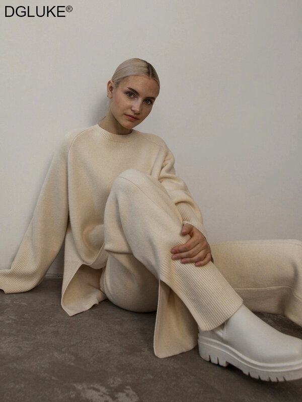 Женский трикотажный комплект из двух предметов, модный свитер и расклешенные брюки, Осень-зима 2022
