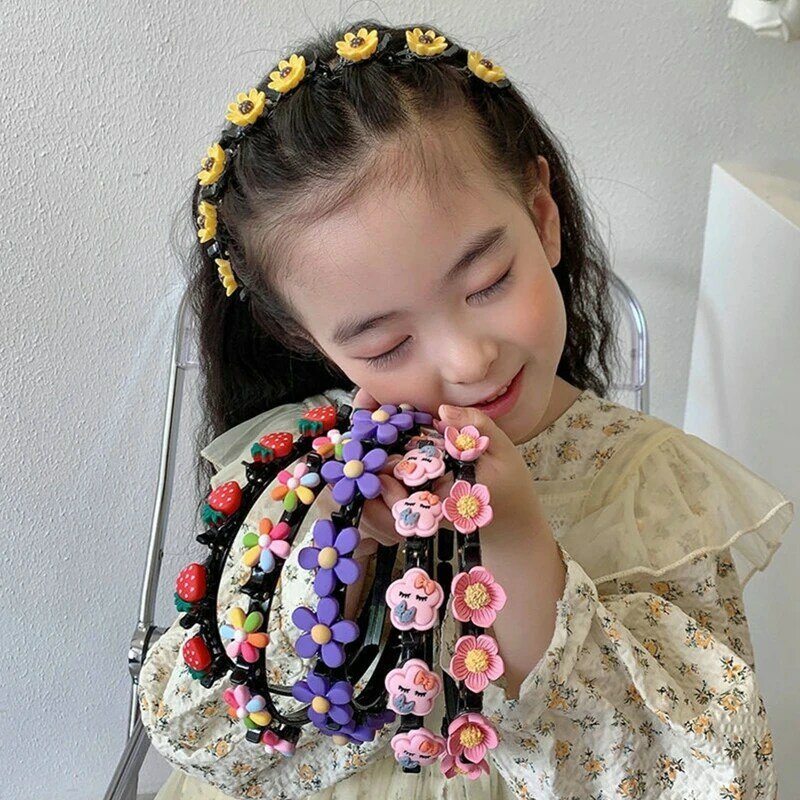 Diadema de flores para niños, banda trenzada para el pelo, pinza para el pelo con dientes antideslizante