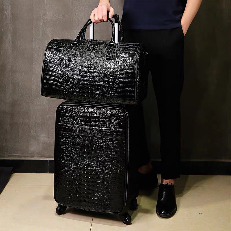 100% Real Leather travel luggage with handbag men head cowhide universal wheel crocodile pattern suitcase 20 inch boarding case