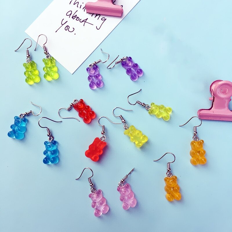 Cute Gummy purple Bear Earrings Statement Minimalist Dangle Earrings Jelly Multicolor Gummy Bear Hanging Women's Earrings