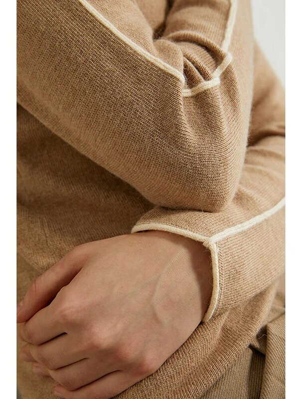 AMII Sweter Musim Gugur Musim Dingin Minimalis untuk Wanita Sweter Turtleneck Wanita Pas Badan Sambungan Kasual untuk Wanita 12040580