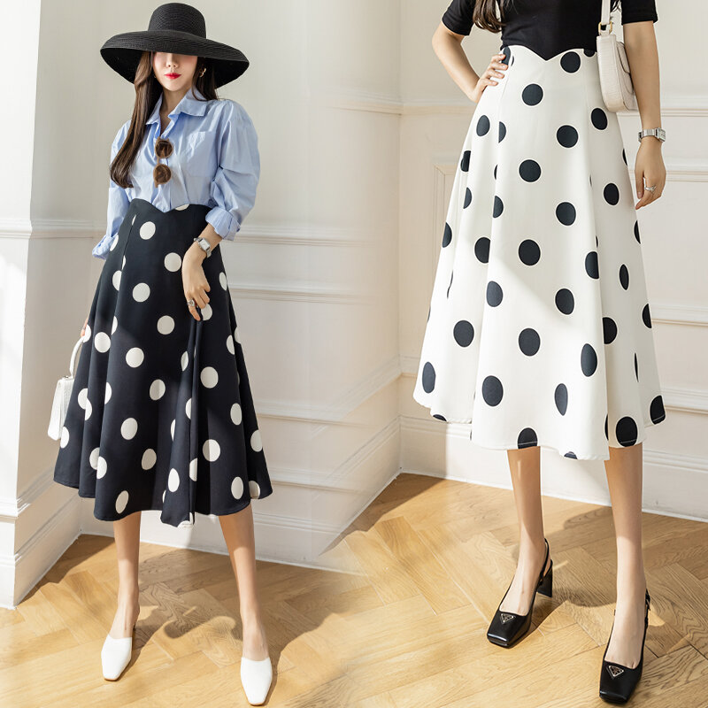 Wisher & tong feminino longo polka dot saia coreano moda cintura alta a linha do vintage midi saias femininas primavera 2022 mujer