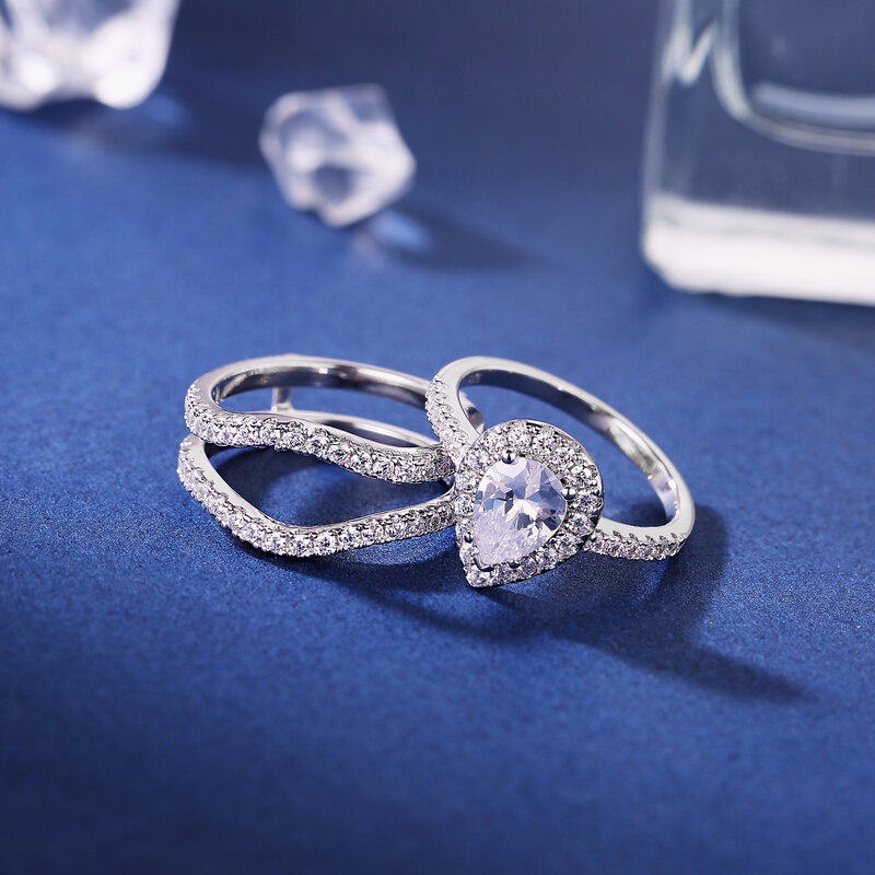 Wuziwen 925 Sterling Perak Potongan Pir AAAAA Zirkon Cincin Pertunangan Set untuk Wanita Penjaga Pernikahan Band Cincin Pengantin Perhiasan