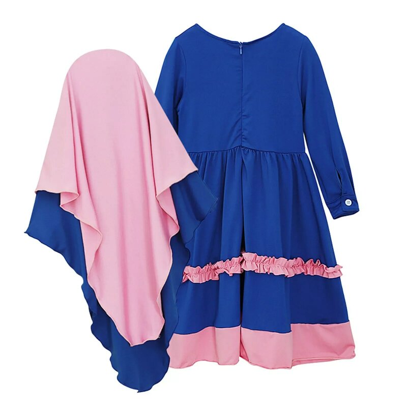 2 Piece Abaya Hijab Dress Girls Muslim Scarf Robes Prayer Sets Niqab Burqa Kids Solid Loose Abayas Islamic Clothing Ramadan