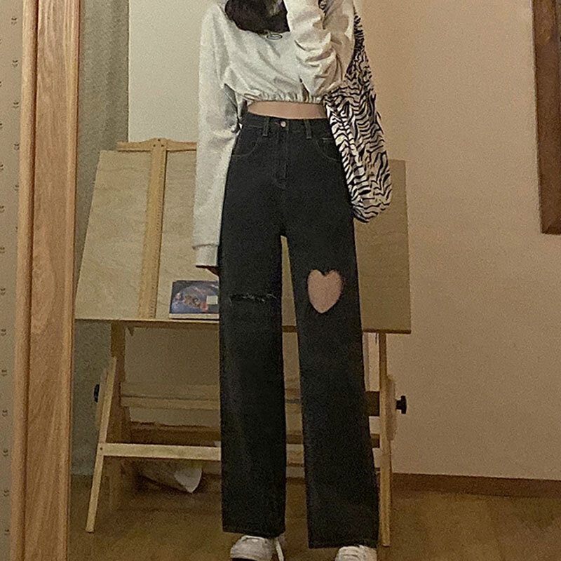 Heart Hole High Waist Jeans Black Mom Jeans 2021 Women Full Length Trouser Harajuku Streetwear Vintage Y2k Korean Denim Pants