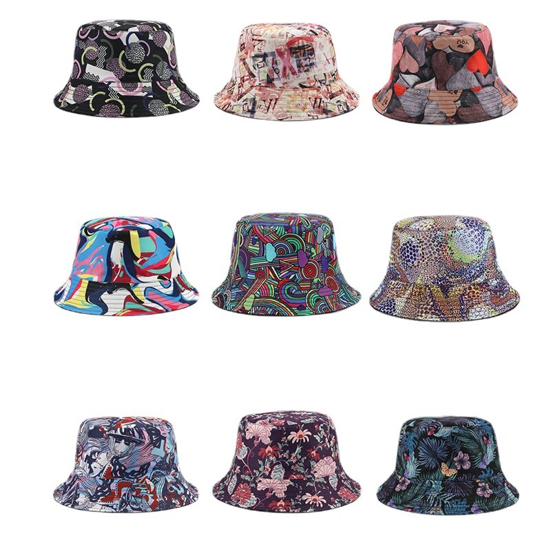QBHAT Topi Bucket Grafiti Musim Panas untuk Wanita Topi Warna Sedang Mekar Topi Pelindung Matahari Pria Luar Ruangan Gorras Memancing