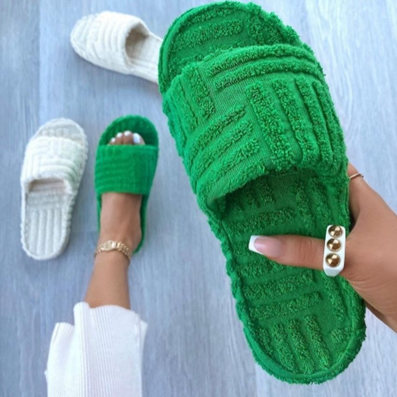 Marca de luxo peep toe grosso único chinelos feminino veludo verde plana outwear senhoras slides verão outono pista flip flops
