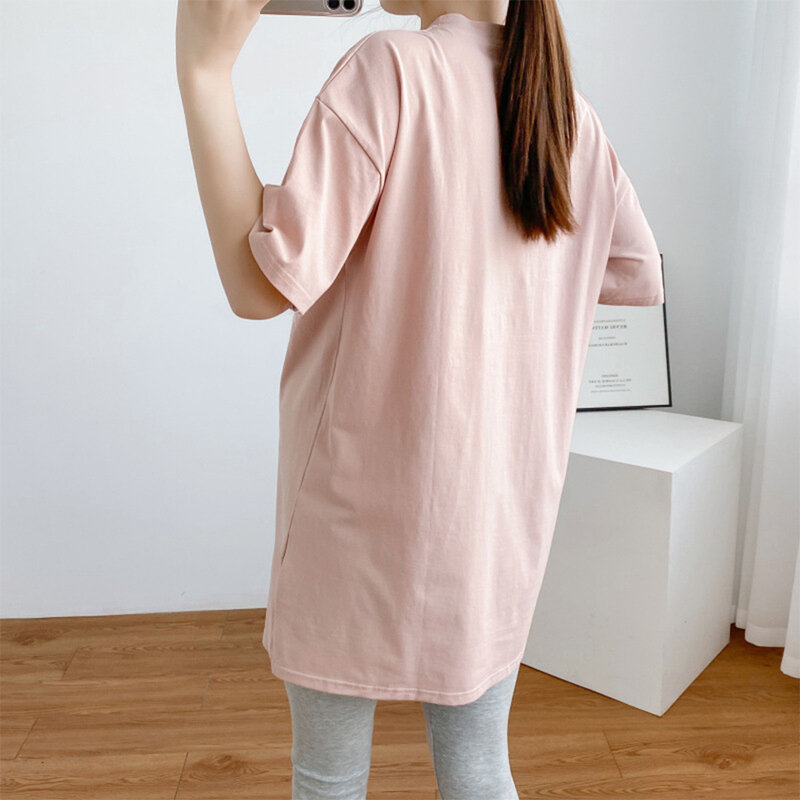 Camiseta de manga corta para mujer, falda de algodón con cuello redondo de longitud media, Top de algodón con estampado, novedad de verano de 2022