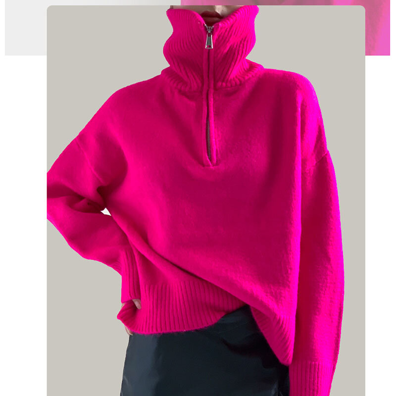 Mulheres Rose Red Sweaters Malha Jumper Pullovers Outono Inverno Grossa Roupas Zipper Grande Solto Lazy Style Suave Waxy Sweater Y2k