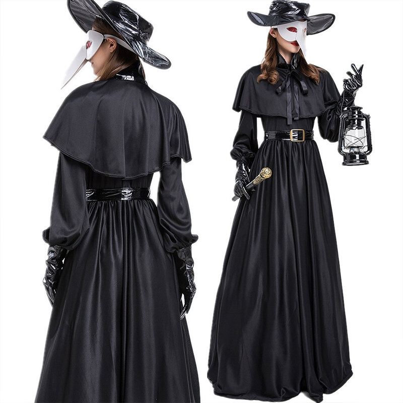 Костюм на Хэллоуин, черная накидка, Халат с капюшоном, костюм Чумного доктора для косплея, средневековая модель с клювом