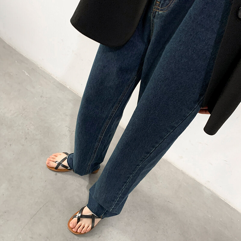 CHIC VEN Vintage Woll Hohe Taille Gerade Lose Frauen Jeans Streetwear Denim Hosen Dark Breite Bein Frau Hosen Mode 2021