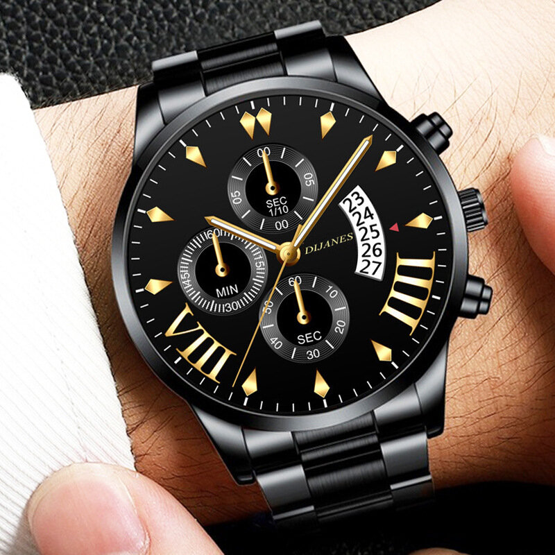 แฟชั่นผู้ชายสแตนเลสปฏิทินธุรกิจควอตซ์นาฬิกา Sapphire แก้วสามตาหกเข็ม15สีสร้อยข้อมือ