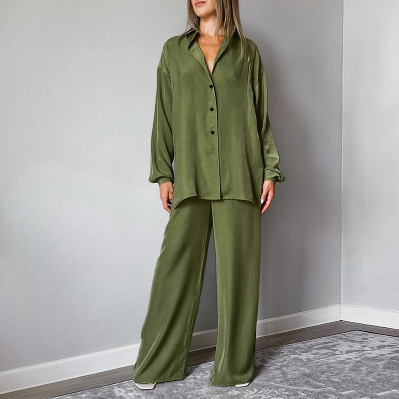 Hiloc สีเขียวผู้หญิงชุดนอนกางเกงขากว้างชุดนอน Patchwork ยาวชุดผู้หญิง2ชิ้น2022กางเกงชุดฤดูใบไม้ผลิชุ...