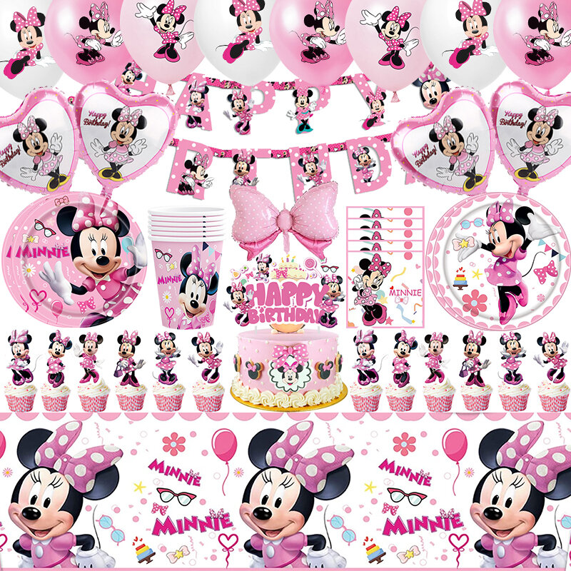 Minnie Mouse Feestartikelen Ballon Tafelkleed Cup Plaat Servet Stro Topper Wegwerp Servies Verjaardag Decor Voor Kinderen Meisje