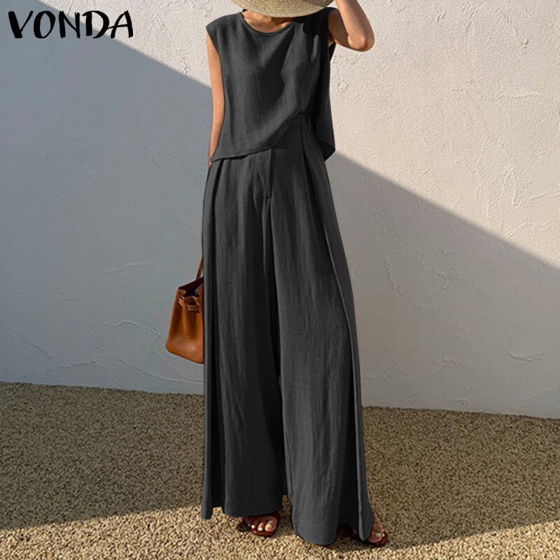 VONDA moda kobiet Palazzo spodnie zestawy De Mujer wycięcie pod szyją podkoszulki i szerokie nogawki długie spodnie letnie kombinezony bez rękawów stałe 2 sztuk