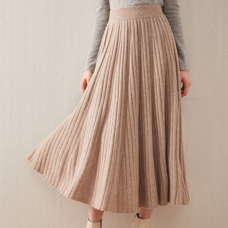 Outono e inverno 100% lã de malha plissado saia feminina mid-length cintura alta fina a linha saia meia-comprimento guarda-chuva saia