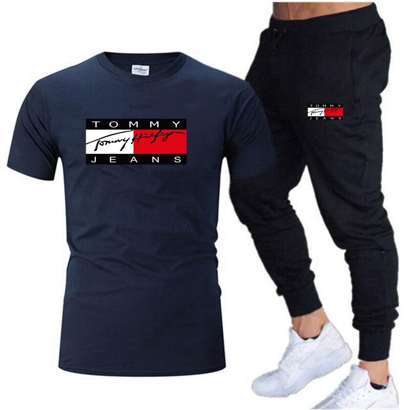 Nowa letnia moda T-shirt z krótkim rękawem i zestaw spodni, w stylu Casual markowa Fitness Hip-hop moda męska zestaw sportowy