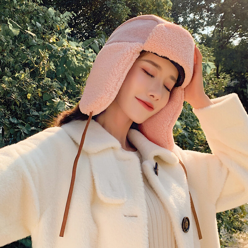 Inverno coreano bonito cordeiro cabelo lei feng hat mais veludo acolchoado orelha proteção chapéu moda quente frio à prova de vento militar chapéu