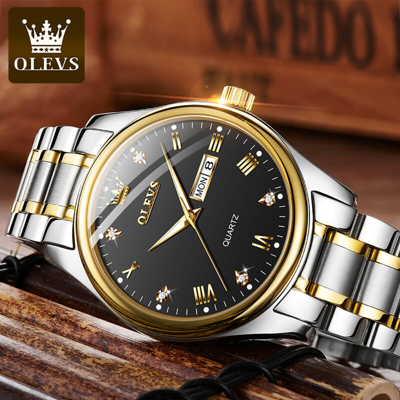 OLEVS-Reloj de pulsera de cuarzo para hombre, resistente al agua, de negocios, con correa de acero inoxidable, con incrustación de diamante dorado, de gran calidad