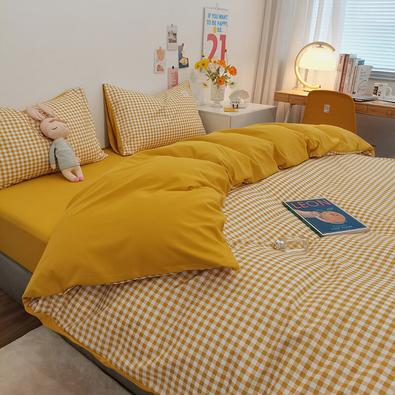 مجموعات أغطية سرير قطنية مغسولة على الطراز الياباني أربع قطع ملاءات سرير بسيطة منقوشة وغطاء لحاف ملاءة سرير مفردة مزدوجة عنبر