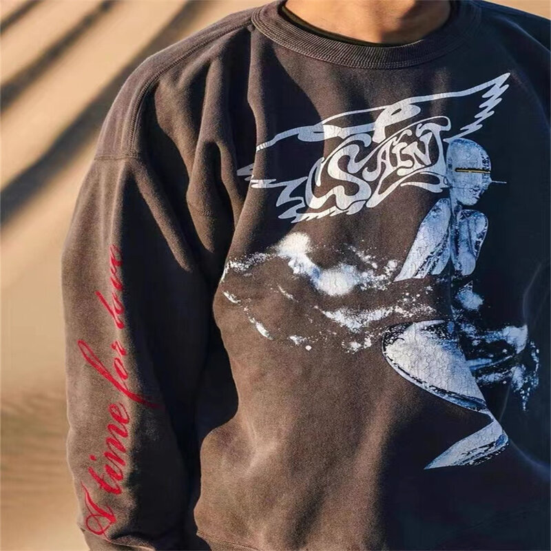 ผู้ชาย Hip Hop Vintage Ripped Sweatshirt Streetwear การ์ตูนกราฟิกพิมพ์ล้าง Pullover ฤดูใบไม้ร่วง Harajuku ขนาดใหญ่ Pullover
