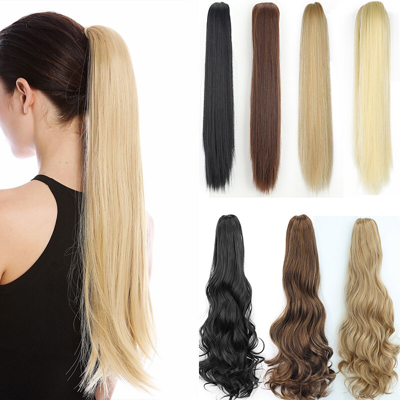 Extensiones de cabello largo y liso para mujer, postizo de cola de caballo con Clip de garra sintética, pelo falso Natural degradado