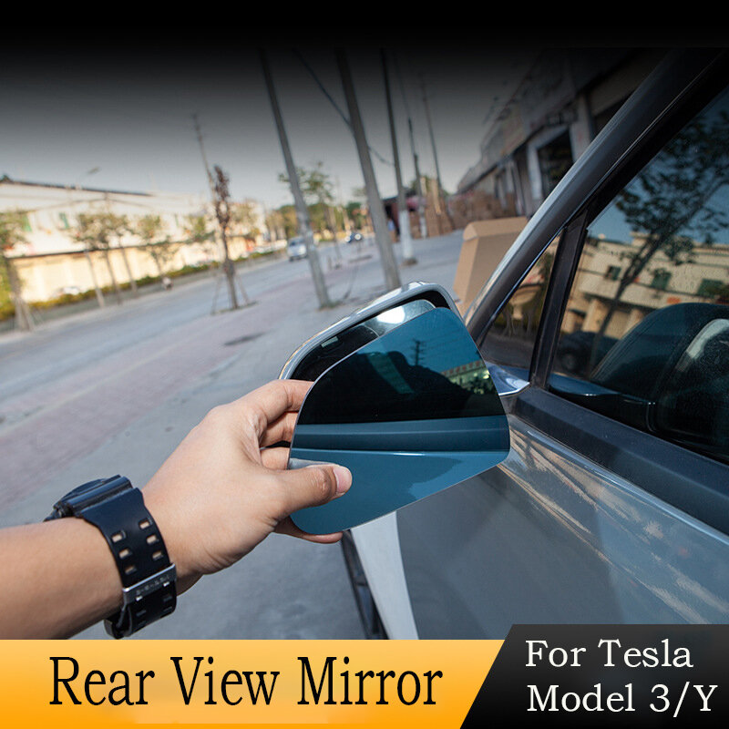 Para tesla modelo 3 y substituição espelho retrovisor lateral 2 pcs carro retrovisor lente de vidro grande angular panorâmica anti-brilho azul luz