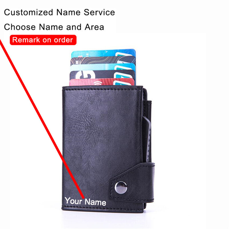 Zovyvol personalizado carteira rfid titular do cartão anti roubo carteira de alumínio caixa titular do cartão de couro inteligente carteira moedas bolsa personalizada