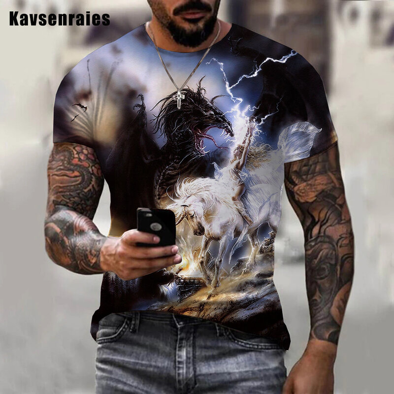 男性と女性のための3DユニコーンプリントTシャツ,原宿ラウンドネック半袖Tシャツ,黒と白,2022
