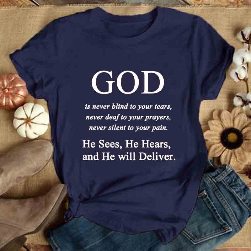 \ 신은 당신의 눈물을 감추지 않습니다... \ 남자와 여자 예수 신앙 신 종교 레터 패션 반팔 o-넥 티셔츠