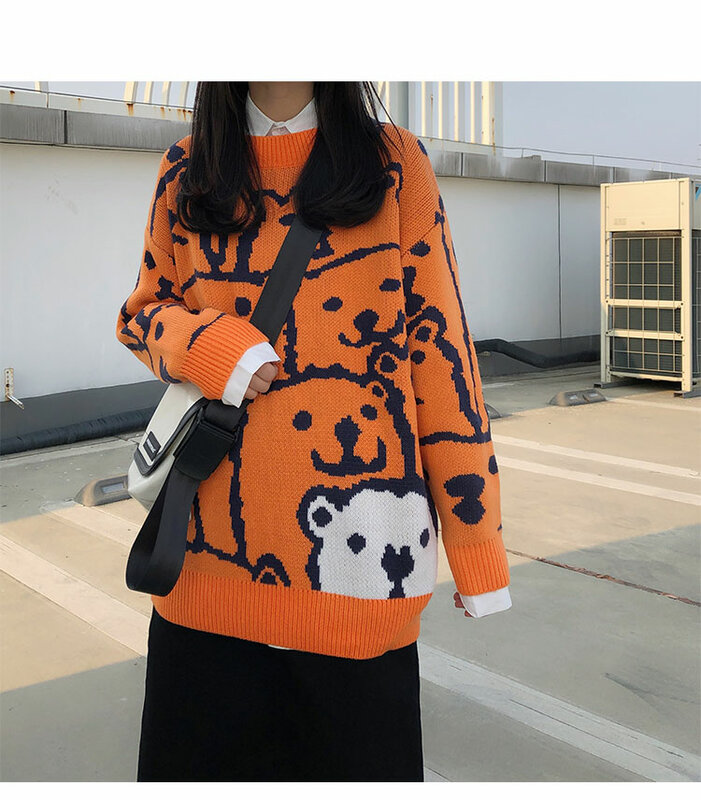 Kreskówka dorywczo luźny sweter damska moda zimowa Harajuku Vintage z długim rękawem pomarańczowy dzianinowy sweter