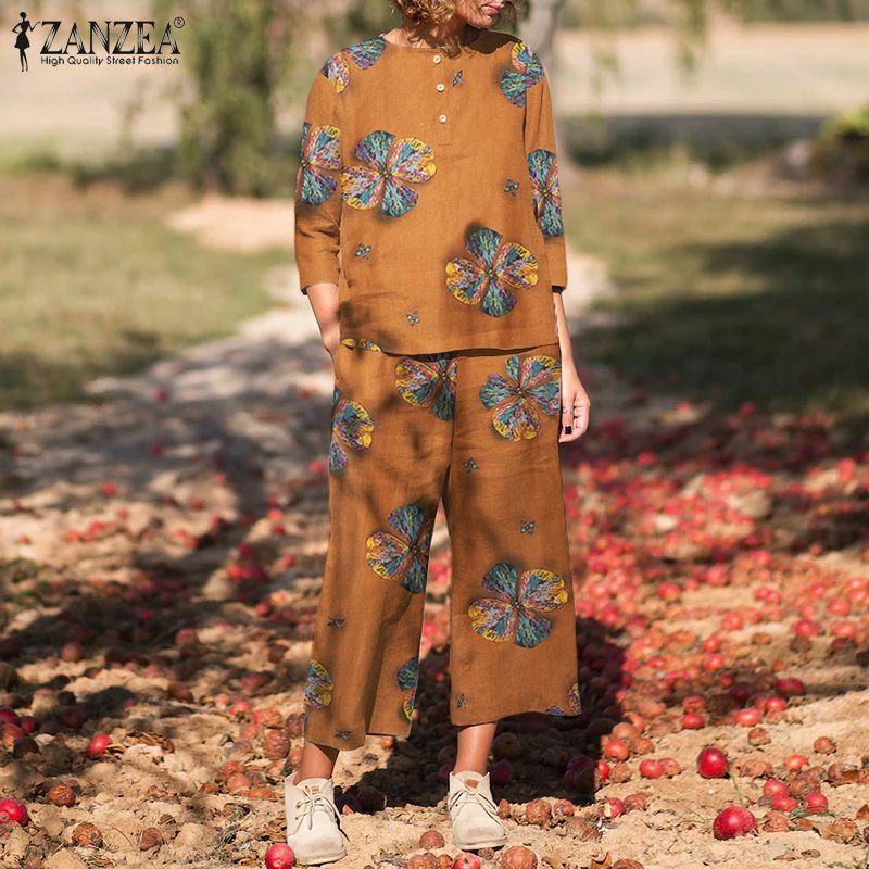ZANZEA-Conjuntos de algodón con estampado Floral Vintage para mujer, ropa holgada informal, Top de manga 3/4 y pantalón de cintura elástica, 2 piezas